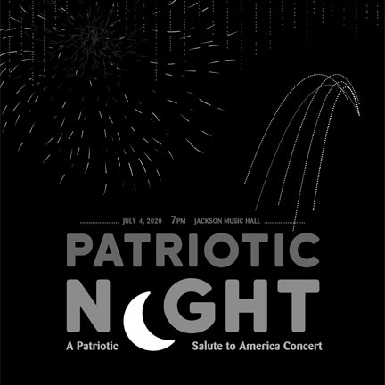 Illustration poster of white fireworks over black background with text 'Patriotic Night' below